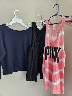 PINK Victoria Secret XS Tie-Dye Racerback Tank Coral & White Blue Crop Gym Sweat